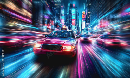 Futuristic neon-lit city, speeding taxi, motion blur, night, vibrant urban scene, cyberpunk style