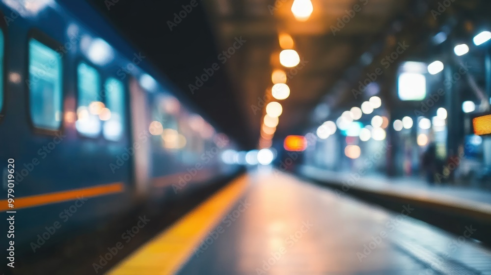 A blurred image of a train platform at night, with lights and a train in the background A blurred image of a train platform at night, with lights and a train in the background