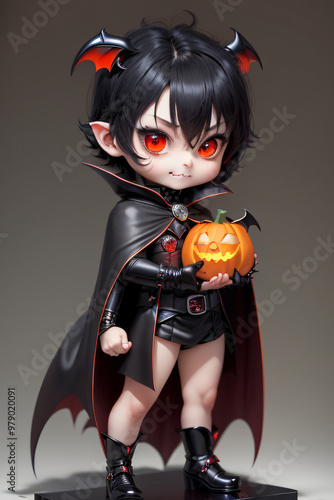 Chibi Vampire Holding a Pumpkin Full-Body Halloween Illustration photo