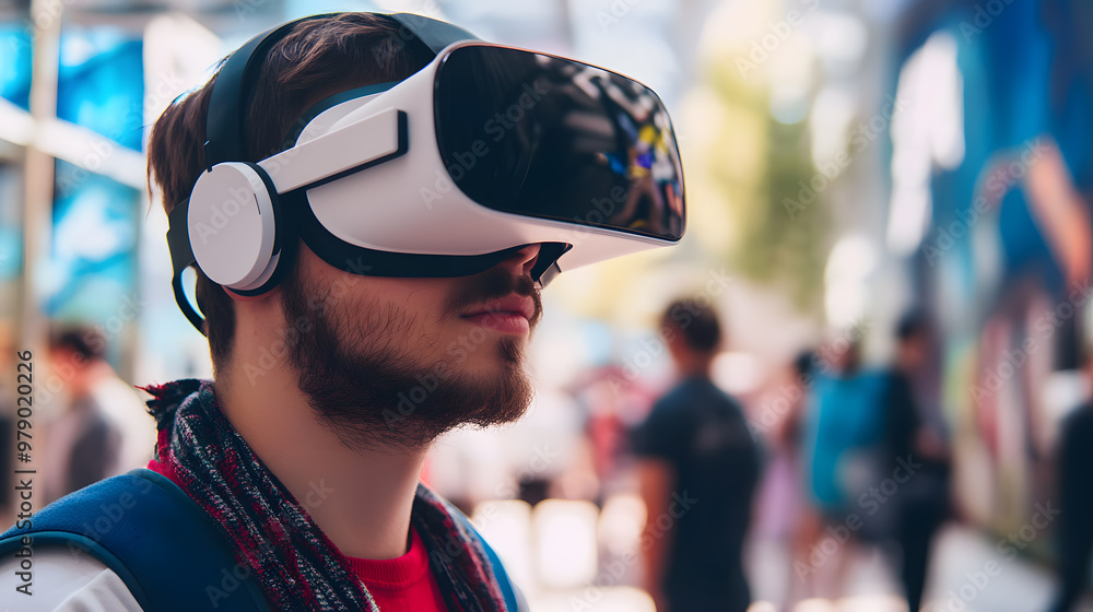 A man wearing VR glasses stands in a modern room, her expression focused and immersed
A man wearing VR glasses stands in a modern room, her expression focused and immersed