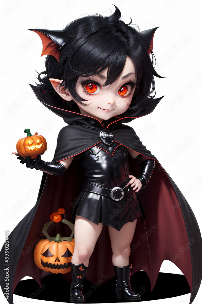 Chibi Vampire Holding a Pumpkin Full-Body Halloween Illustration Chibi Vampire Holding a Pumpkin Full-Body Halloween Illustration