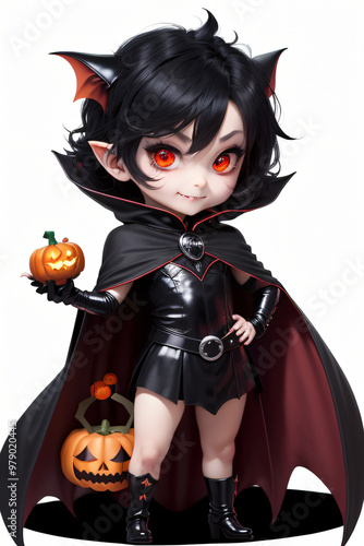 Chibi Vampire Holding a Pumpkin Full-Body Halloween Illustration