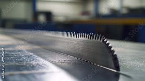 Industrial handsaw close-up in a warehouse, focusing on the bladeas teeth and reflective surface. No logos, no people present, sharp focal point on the cutting edge.