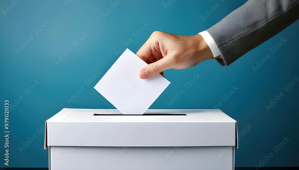 Democratic voting concept, featuring a stylized hand placing a paper ballot into a slot of a ballot box, set against a clean, minimalistic background. Democratic voting concept, featuring a stylized hand placing a paper ballot into a slot of a ballot box, set against a clean, minimalistic background.