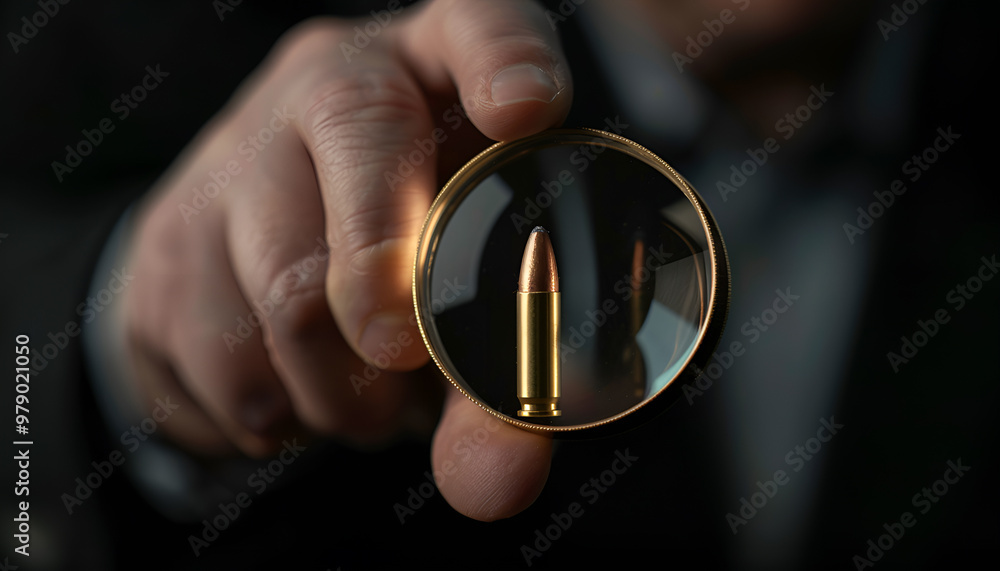 Detective exploring bullet shell with magnifying glass on black background, closeup Detective exploring bullet shell with magnifying glass on black background, closeup