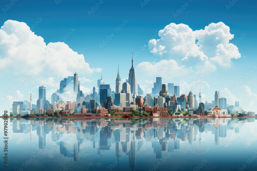 generated illustration of city skyline reflecting on a calm body of water under a blue sky with white clouds. generated illustration of city skyline reflecting on a calm body of water under a blue sky with white clouds.