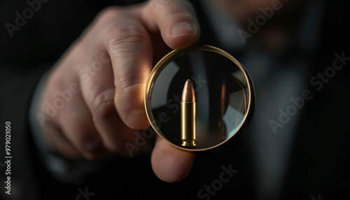 Detective exploring bullet shell with magnifying glass on black background, closeup photo