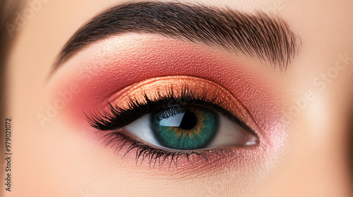 Close-up of an eye with vibrant makeup featuring orange and pink tones, showcasing a striking blue-green iris and defined lashes.