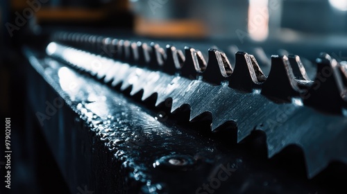 Metal file close-up in a warehouse, the rugged surface and shine highlighted by industrial lighting. Focus on the file's teeth, no logos or people included.