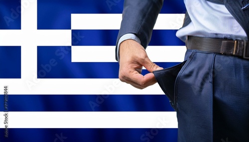 Close-up of a hand in a suit showing an empty pair of trousers in front of the greece flag. Topic Crisis and unemployment in greece.