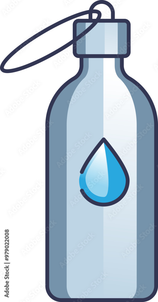Illustration of a blue metal water bottle with a drop design, promoting sustainability and hydration. Illustration of a blue metal water bottle with a drop design, promoting sustainability and hydration.