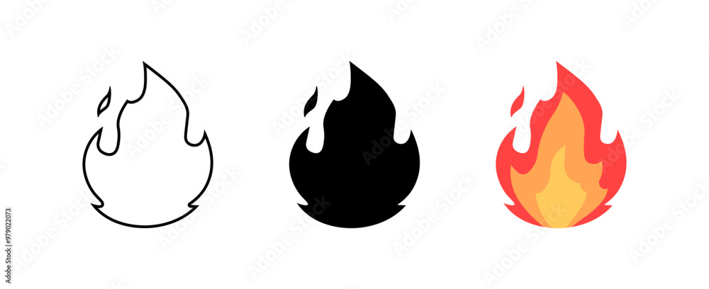 Fire set icons. Linear, silhouette and flat style. Vector icons. Fire set icons. Linear, silhouette and flat style. Vector icons.