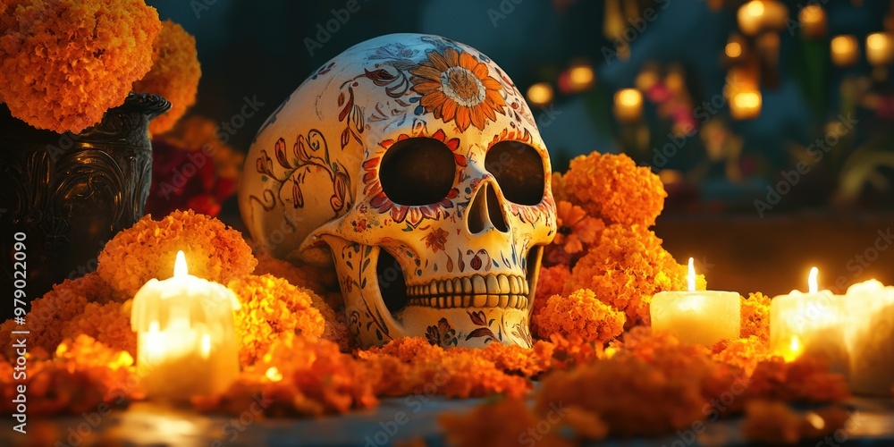 Skull surrounded by candles and flowers Skull surrounded by candles and flowers