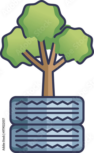 A tree sprouts from a stack of tires, symbolizing rebirth and eco-friendly concepts.