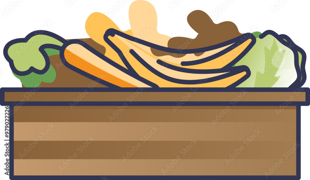 Side view of a compost box filled with organic waste like banana peels and vegetables, symbolizing recycling and sustainability. Side view of a compost box filled with organic waste like banana peels and vegetables, symbolizing recycling and sustainability.