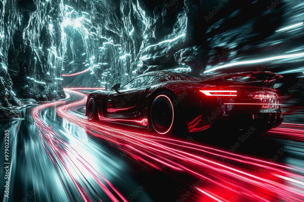 Naklejka premium Futuristic road with red neon light trails in a sci-fi landscape, dark rocky, high-tech atmosphere