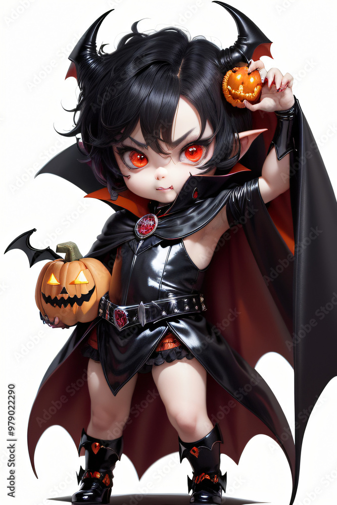 Chibi Vampire Holding a Pumpkin Full-Body Halloween Illustration Chibi Vampire Holding a Pumpkin Full-Body Halloween Illustration