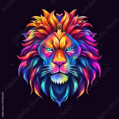 A vibrant and colorful lion wearing a majestic crown upon its head, set against a dark and dramatic background