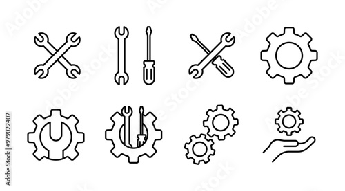 Mechanics tools set icons. Linear style. Vector icons.