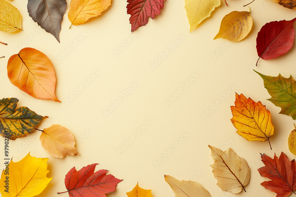 Fototapeta premium Red, brown, orange and yellow autumn leaves frame on vanilla background