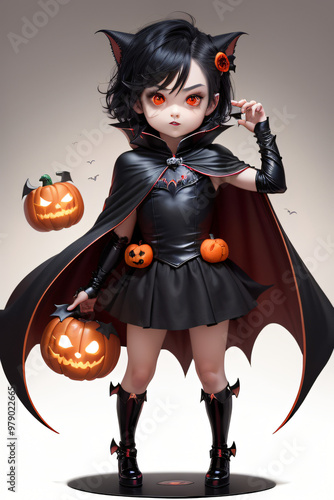 Chibi Vampire Holding a Pumpkin Full-Body Halloween Illustration photo