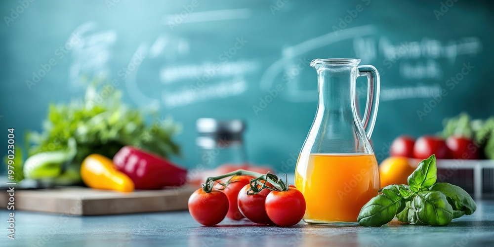 Fresh Fruits, Vegetables, and Juices in Laboratory Flasks for Organic Research Fresh Fruits, Vegetables, and Juices in Laboratory Flasks for Organic Research