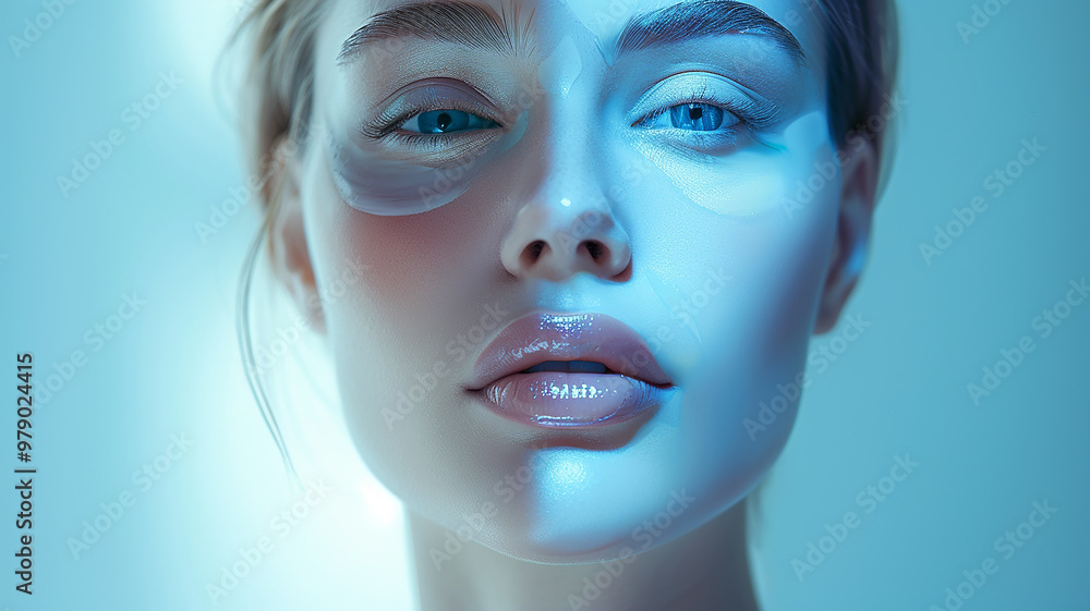 cosmetics mask concept, portrait of a model girl on a blue background with a rejuvenating cosmetic mask on her face cosmetics mask concept, portrait of a model girl on a blue background with a rejuvenating cosmetic mask on her face