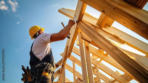 A carpenter in overalls and a hard hat is working on the roof of an unfinished house, holding tools like a hammer and nails photo