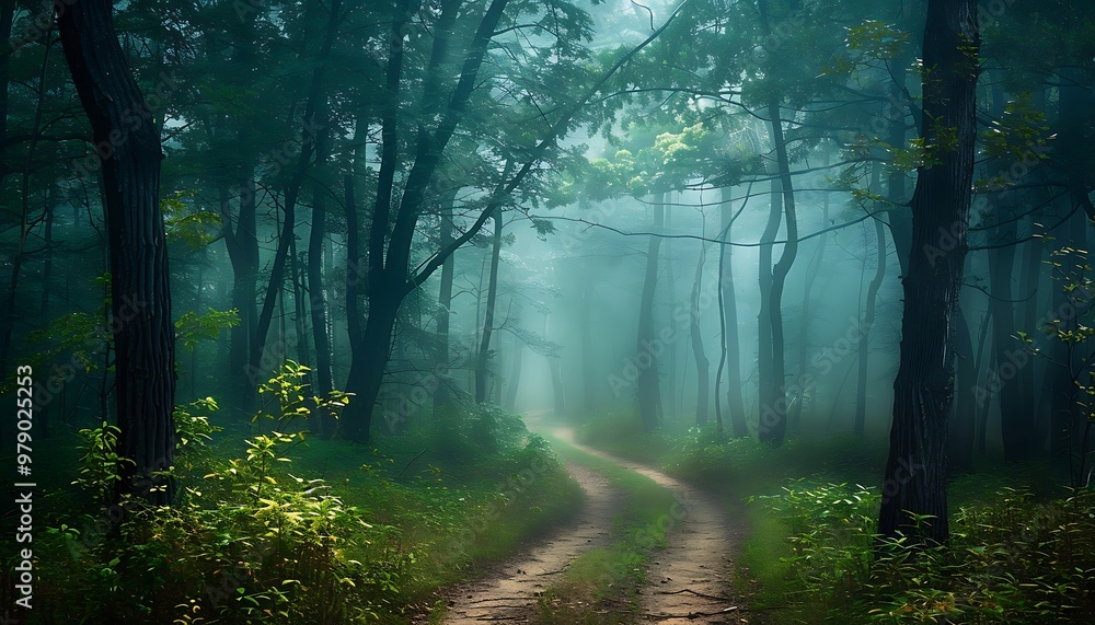 Fototapeta premium Pathway in the forest in foggy morning.