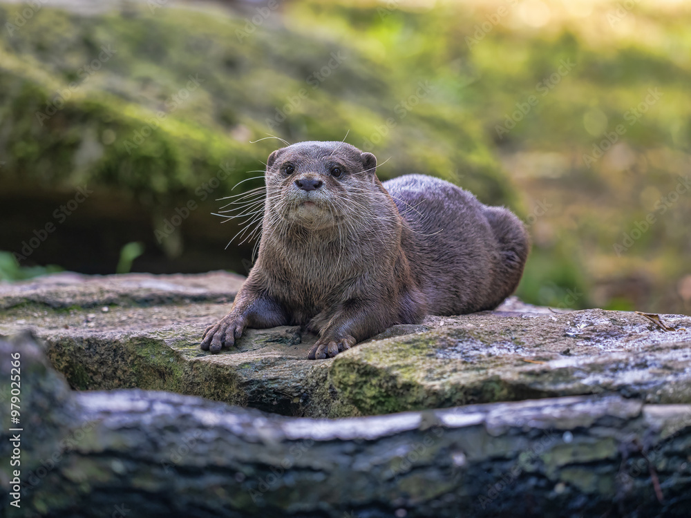 Oriental small-clawed otter Amblonyx cinerea lies on the shore and looks out.