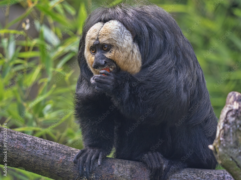 An adult male White-faced saki, Pithecia pithecia eats the red fruit.