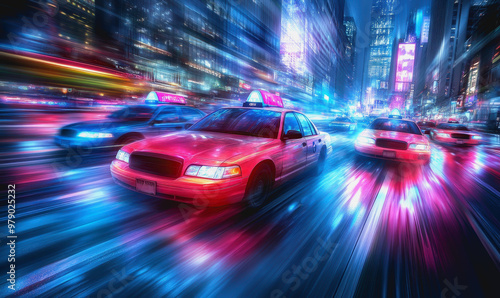 Futuristic neon cityscape with fast-moving taxis, vibrant lights, and dynamic motion blur