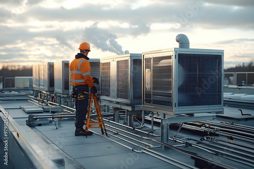 Technician conducts maintenance on rooftop HVAC units during sunset