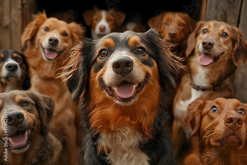 A joyful gathering of dogs at a rustic barn during golden hour