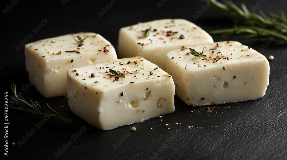 Three creamy goat cheese pieces on a black backdrop showcase rich textures and artisanal elegance. Three creamy goat cheese pieces on a black backdrop showcase rich textures and artisanal elegance.