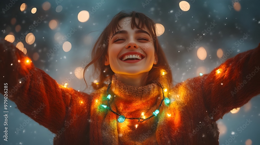 Joyful laughter of individual wearing oversized Christmas light necklace against silver backdrop Joyful laughter of individual wearing oversized Christmas light necklace against silver backdrop