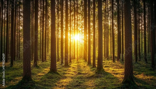 Sunlight shines through the dense forest, illuminating the green moss and tree trunks.