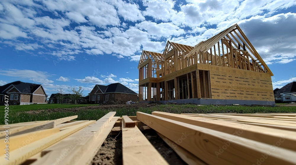 A house under construction with wooden beams and materials, including planks of wood on the ground in front of it
