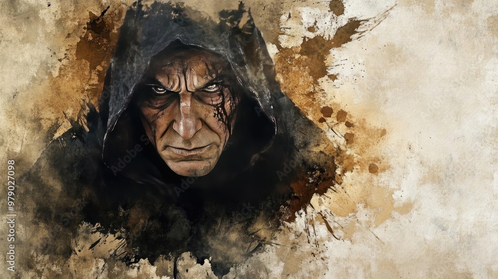 A dramatic portrait of a sinister figure in a hood, showcasing intense expression and detailed features against a textured background. A dramatic portrait of a sinister figure in a hood, showcasing intense expression and detailed features against a textured background.