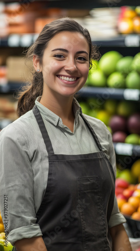 happy female grocery store worker standing in the fruit section