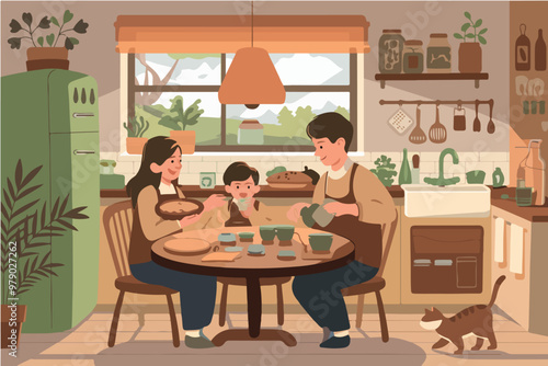 Adobe Illustrator Artwork of a family sitting at a kitchen table with a dog and a dog.