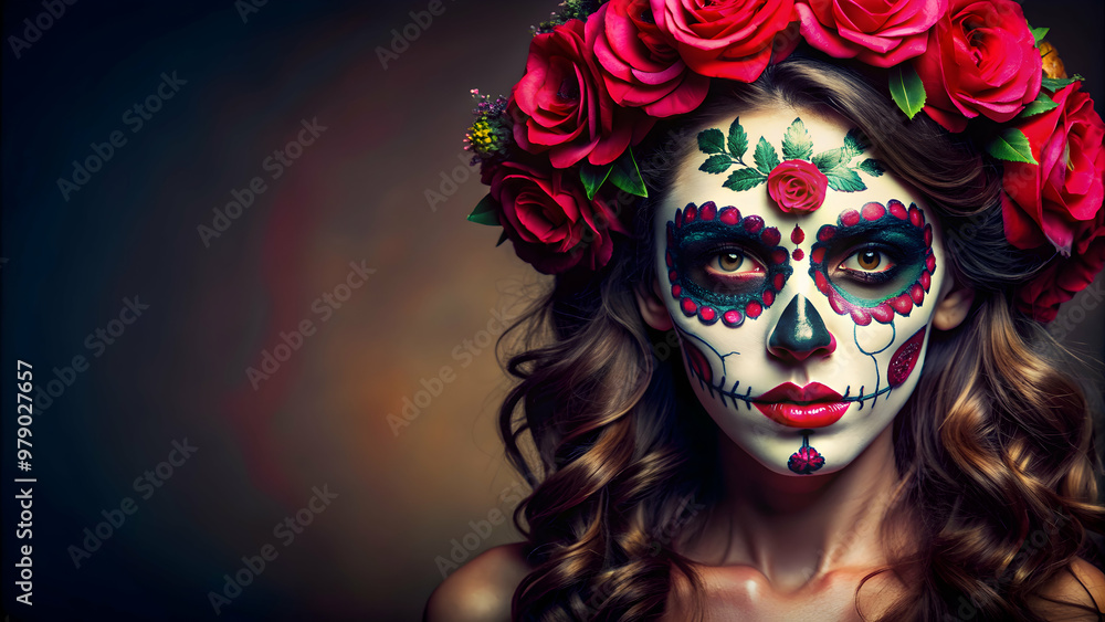 Beautiful young woman with sugar skull inspired make-up , Halloween, creative, beauty, festive, colorful Beautiful young woman with sugar skull inspired make-up , Halloween, creative, beauty, festive, colorful