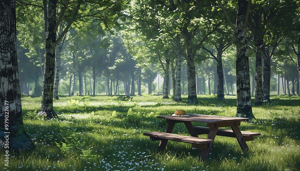 Wooden bench and table in a beautiful green summer forest with sun rays Wooden bench and table in a beautiful green summer forest with sun rays