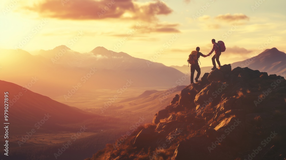 Two hikers helping each other reach the top of a mountain Two hikers helping each other reach the top of a mountain