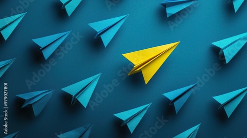 Top view of paper airplanes with one yellow airplane leading among blue ones on a flat color background, concept for a business leader or team manager stock photo style.