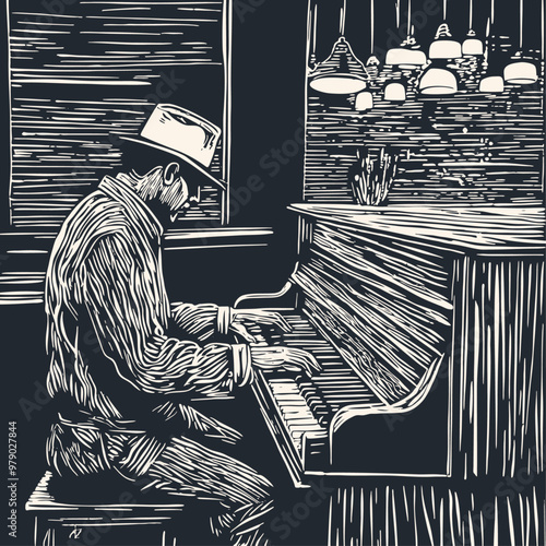 A vintage-style vector illustration of a pianist playing in a dimly lit room, rendered in an engraving style.