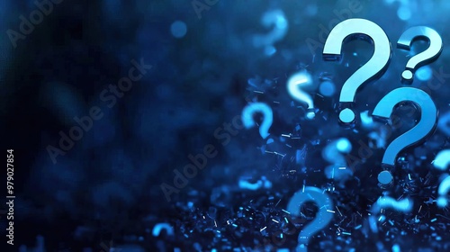 A blue background with large question marks, symbolizing the questions surrounding AI and its impact on work