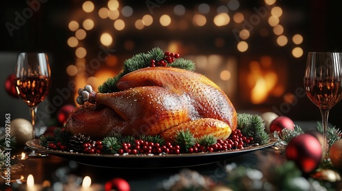 Festive roasted turkey with herbs and garnishes, served on a table with wine, perfect for holiday celebrations and cozy gatherings. photo