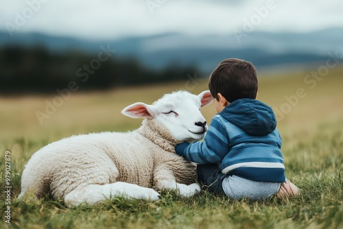 A soft, watercolorlike scene of a lamb lying in a grassy field, nuzzling a child who sits beside it, illustrating the simplicity of love photo