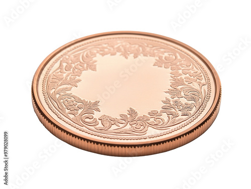 A polished copper coin with a detailed design, isolated on a transparent background.